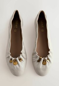 Pilki odiniai baleto bateliai su surinktomis apvalaus nosies dalimis, dekoratyviniais žavesiais ir pjūvinių detalėmis šonuose. Lygus paviršius, minimalistinis dizainas.