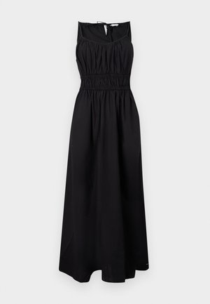 Mustamata, ilma varrukat maxi kleit, millel on klambrid peal, smockitud vöökoht ja paela sõlm taga. Kangas näib sujuv ja kerge.