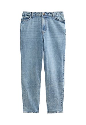 Jeans de mezclilla azul claro con un diseño de pierna recta, cintura alta, bolsillos frontales y un cierre de un solo botón. Textura ligeramente desgastada.