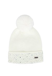 Berretto lavorato a maglia bianco con un pon pon soffice sulla cima, caratterizzato da una texture a costine e decorato con paillettes scintillanti lungo il risvolto.