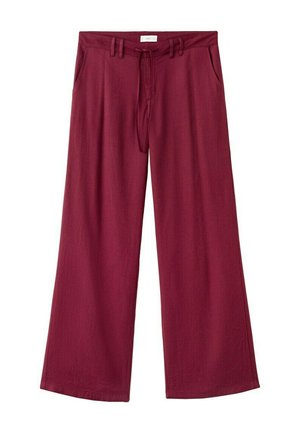 Pantalones burdeos de pierna ancha con bolsillos y presillas para cinturón, con cierre frontal de lazo y un ajuste relajado.