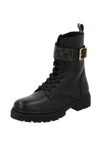 Botín de piel negra hasta el tobillo con puntera redonda, parte delantera con cordones y una correa decorativa amarilla cosida a máquina con una hebilla dorada. Suela texturada y duradera.