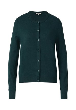 Cardigan vert foncé en maille, avec un col rond, des manches longues et une fermeture éclair frontale complète avec des boutons assortis.