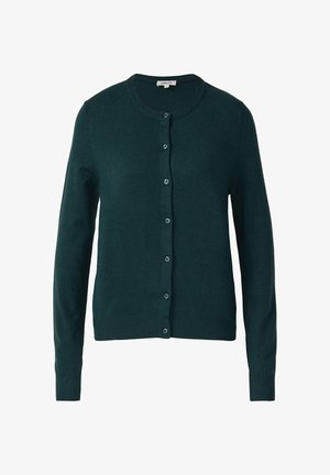 Dunkelgrüner Cardigan aus Strickmaterial, mit rundem Halsausschnitt, langen Ärmeln und einer durchgehenden Knopfleiste mit passenden Knöpfen.