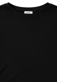 Schwarzes T-Shirt mit Rundhalsausschnitt und glatter Textur, das einen subtilen Glanz aufweist. Das Etikett trägt die Aufschrift "CECIL", was auf die Markenaffiliation hinweist.