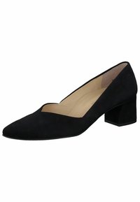 Černé semišové lodičky na blokovém podpatku s špičatou špičkou a hlubokým výřezem po stranách, s hladkým béžovým vnitřním podšíváním.
