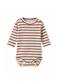 Bodysuit pour bébé à manches longues en crème avec des rayures horizontales bordeaux, col rond et boutons aux épaules. Comprend des fermetures à pression au bas.