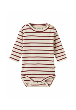 Langärmliger Babybody in Creme mit burgunderfarbenen horizontalen Streifen, rundem Hals und Knöpfen an den Schultern. Mit Druckknopfverschluss im unteren Bereich.