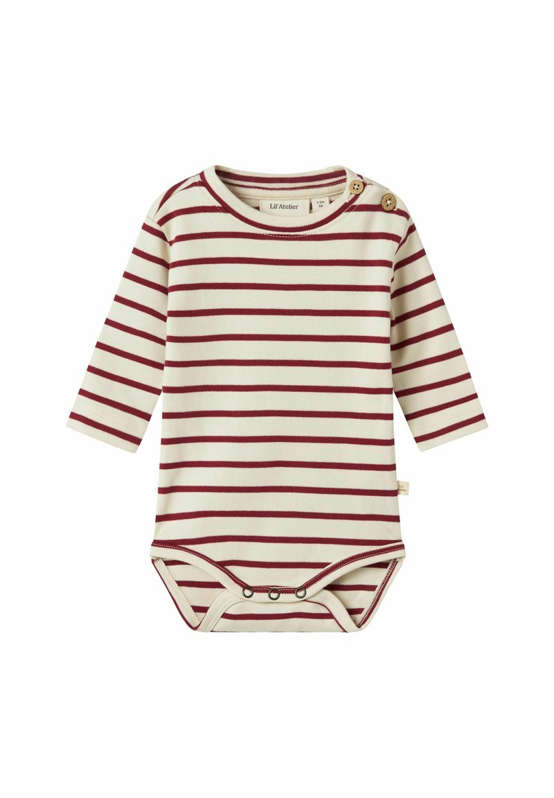 Bodysuit pour bébé à manches longues en crème avec des rayures horizontales bordeaux, col rond et boutons aux épaules. Comprend des fermetures à pression au bas.