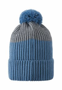 Niebieska i szara dziana czapka z prążkowanym wzorem, z niebieskim pomponem na górze i złożonym daszkiem dla dodatkowego ciepła.