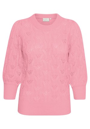 Pull en maille rose avec des manches ballon trois-quarts, un col rond et un motif en dentelle texturé sur toute la surface.