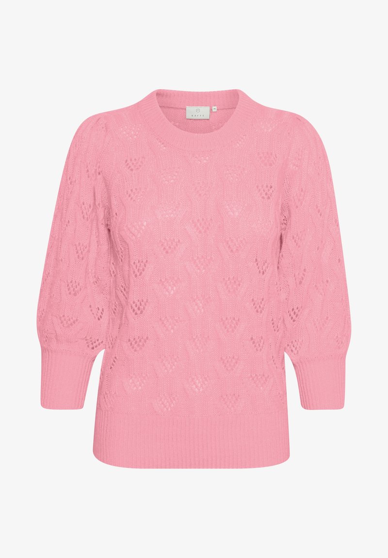 Pull en maille rose avec des manches ballon trois-quarts, un col rond et un motif en dentelle texturé sur toute la surface.