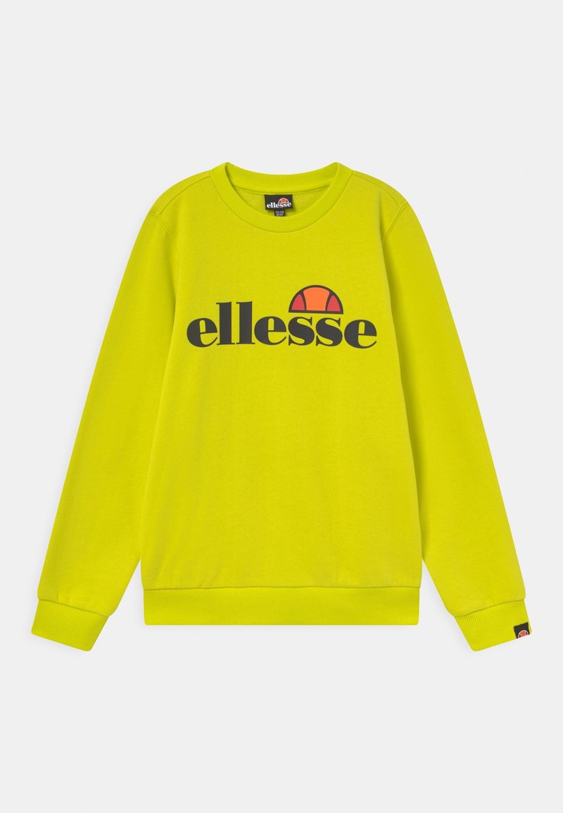 Felpa verde lime con collo a giro, maniche lunghe e logo nero "ellesse". Presenta un accento grafico rotondo in arancione sopra il testo.