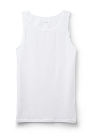 Biały bawełniany top bez rękawów z okrągłym dekoltem i prostym wykończeniem. Bez widocznych wzorów lub ozdób.
