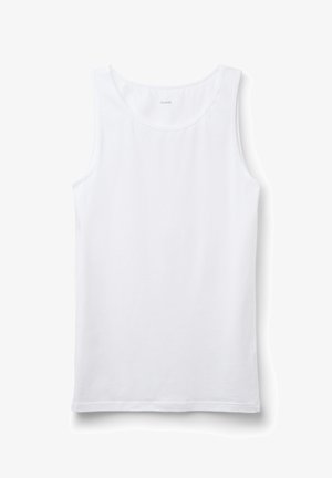 Camiseta de algodón blanca sin mangas, con escote redondeado y dobladillo recto. Sin patrones o adornos visibles.