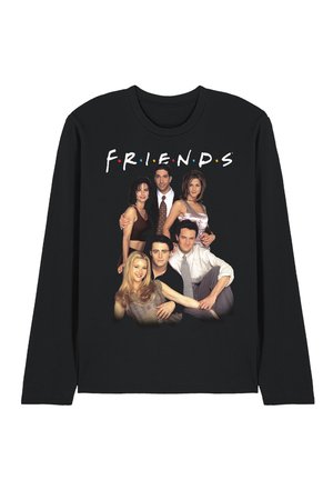 Schwarzes langärmliges Hemd mit einem Gruppenfoto von sechs Personen und dem Wort "FRIENDS" darüber in weißen Buchstaben mit farbigen Punkten.