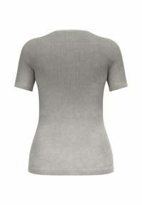 Short-sleeve, grey athletic top with a mesh texture, featuring a gradual ombre effect and round neckline. Smooth finish throughout.