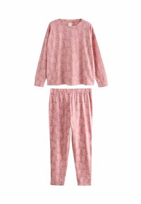 Roze set met lange mouwen en broek met elastische taille, voorzien van een subtiel patroon van abstracte dierenvormen.