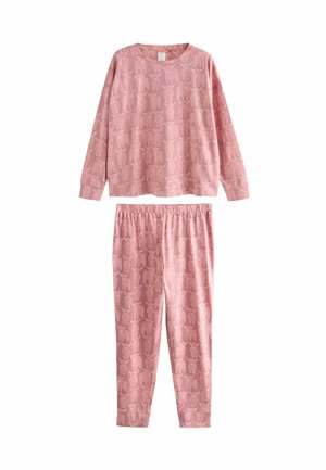Roze set met lange mouwen en broek met elastische taille, voorzien van een subtiel patroon van abstracte dierenvormen.