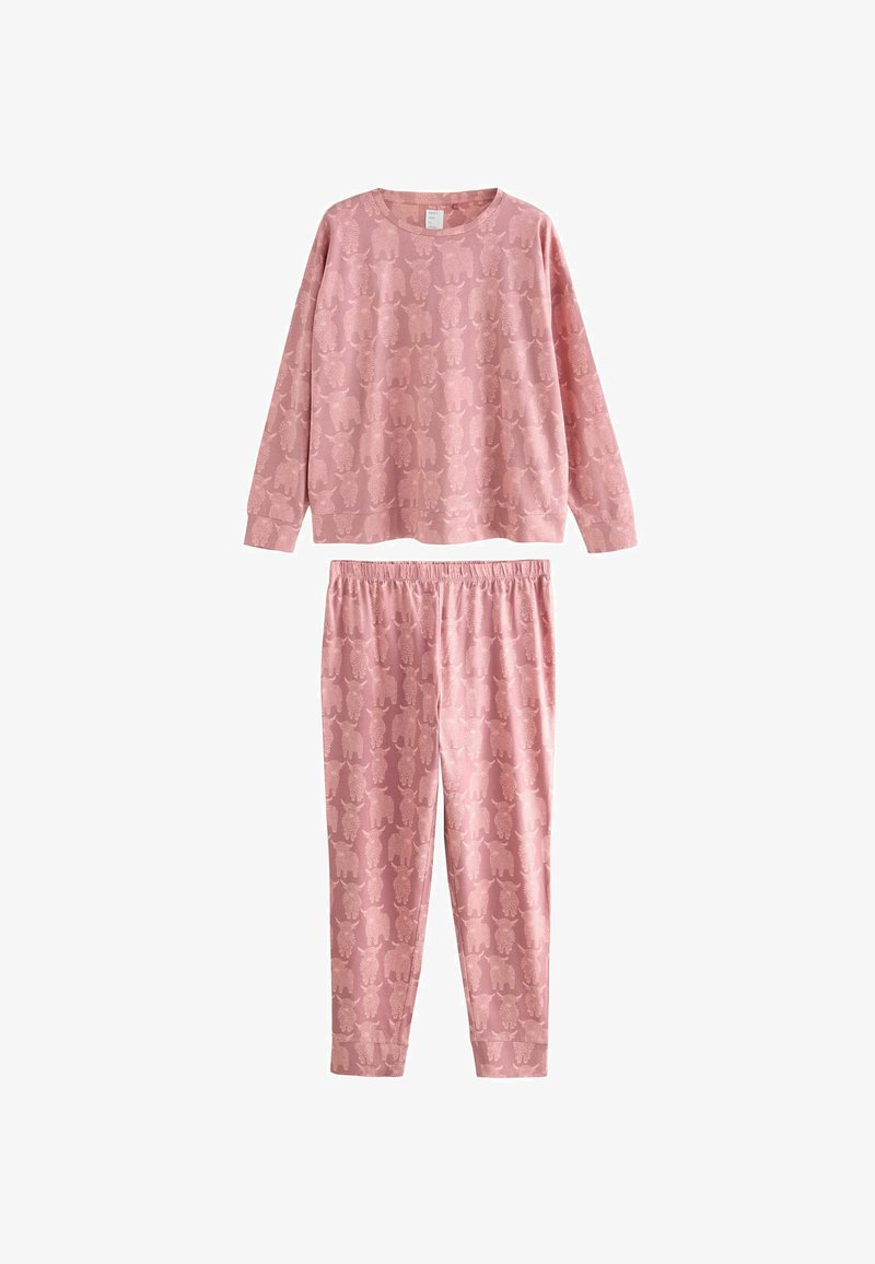 Roze set met lange mouwen en broek met elastische taille, voorzien van een subtiel patroon van abstracte dierenvormen.