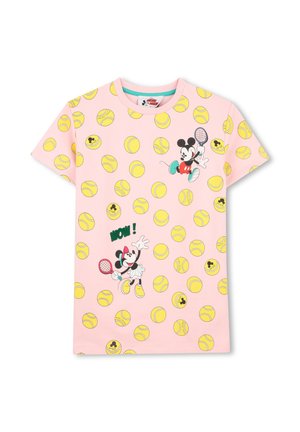 T-shirt rose pour enfants avec illustrations de balles de tennis jaunes et de Mickey et Minnie Mouse jouant au tennis, Minnie disant « Waouh !»