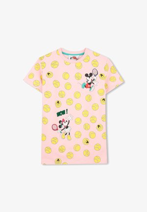 T-shirt rose pour enfants avec illustrations de balles de tennis jaunes et de Mickey et Minnie Mouse jouant au tennis, Minnie disant « Waouh !»