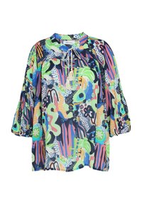Blouse ample à manches longues avec des motifs abstraits et floraux colorés en bleu, vert, rose et jaune, avec un col à lien à nouer et des pompons.