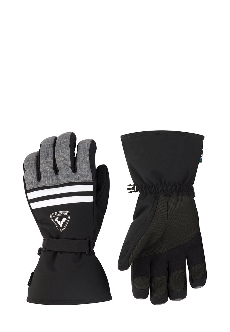 Svarta och grå vinterhandskar med en texturerad yta; har ett rem, elastiska manchetter och tre vita ränder på en av handsken.