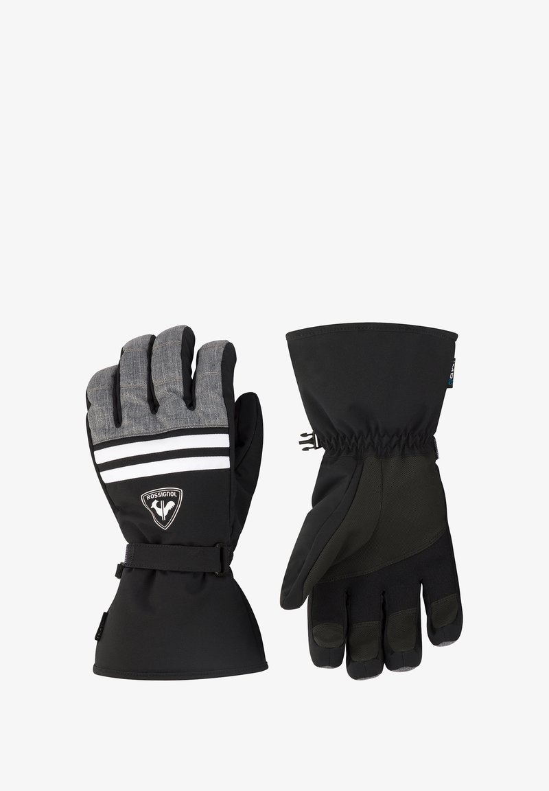 Mustat ja harmaat talvihanskat, joissa on teksturoitu pinta; sisältävät hihnan, elastiset hihansuut ja kolme valkoista raitaa yhdessä hanskassa.