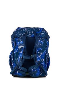 Dunkelblauer Rucksack mit einem Blasenmuster in Hellrosa und Blau. Mit verstellbaren Trägern, einem Netzinnenteil und zwei Seitentaschen.