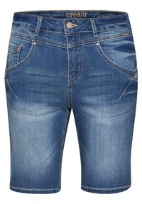 Džínové šortky ve středně modré barvě s vyšisovaným vzhledem. Design s pěti kapsami, kontrastní prošívání a zapínání na knoflík v pase.