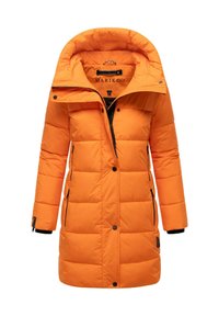 Puffer jacket in bright orange with a hood, featuring a quilted design, black zippered pockets, and cuff details.