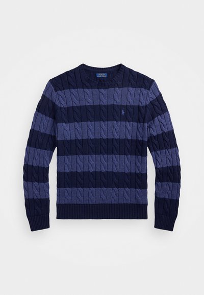Cable-knit sweater featuring alternating navy and light blue stripes, round neckline, and ribbed cuffs and hem. Embroidered logo on chest.