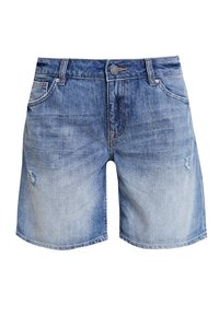 Vaaleansiniset farkkushortsit, joissa on kulunut pinta. Varusteena nappikiinnitys, etutaskut ja kevyttä kulutusta.