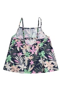 Floral tanktop in Marineblau, mit pastellfarbenen Blumen und grünen Blättern, verstellbaren Trägern und einem sanft gerafften Taillenbund.