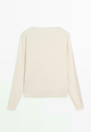 Pull à manches longues couleur crème vu de dos avec un col rond simple et des poignets et ourlet côtelés.