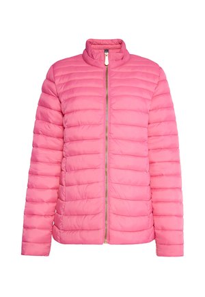 Giacca imbottita rosa con colletto alto, caratterizzata da cuciture orizzontali, una zip dorata e un tessuto liscio e leggero.