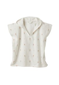 White pullover with short sleeves and a hood, featuring floral embroidery in soft orange and green. Soft, textured fabric with a loose fit.