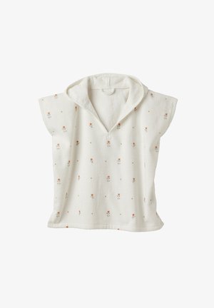 White pullover with short sleeves and a hood, featuring floral embroidery in soft orange and green. Soft, textured fabric with a loose fit.