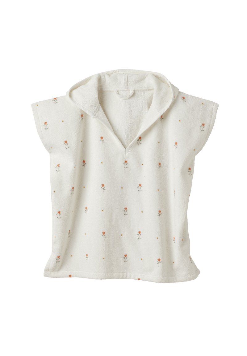 White pullover with short sleeves and a hood, featuring floral embroidery in soft orange and green. Soft, textured fabric with a loose fit.