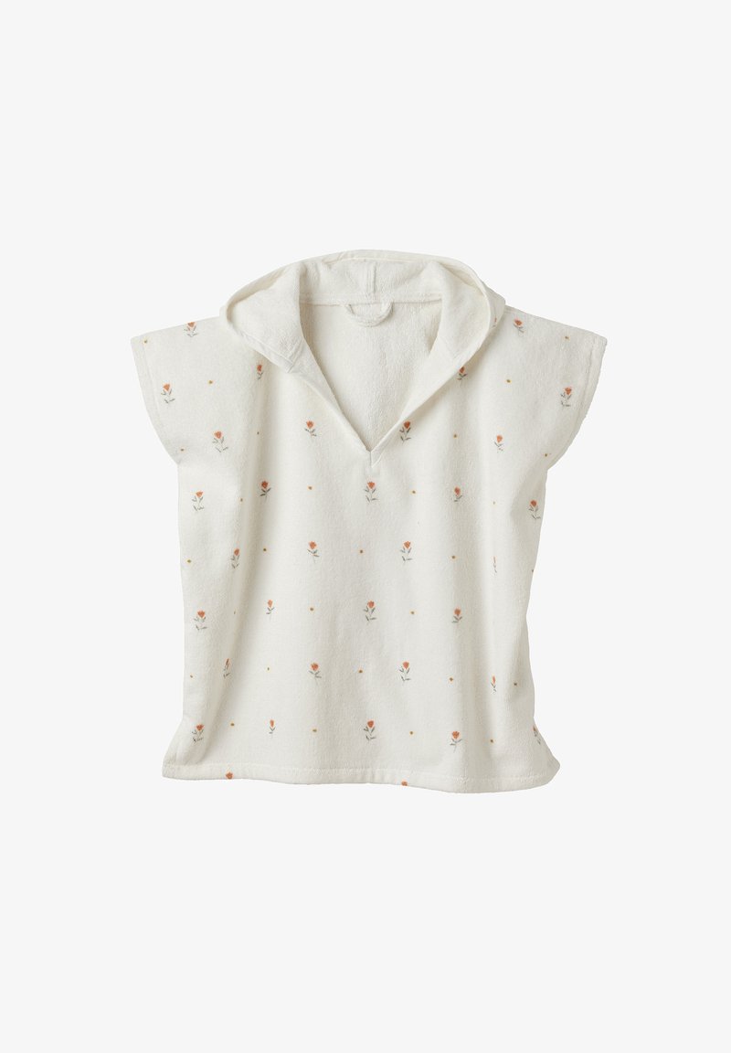 White pullover with short sleeves and a hood, featuring floral embroidery in soft orange and green. Soft, textured fabric with a loose fit.