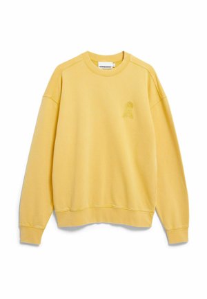 Gele lange mouw trui met ronde hals, geribbelde manchetten en zoom, met een klein geborduurd logo op de linkerborst.