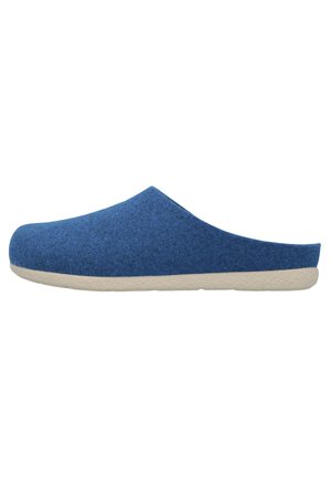 Blaue Filz-Clogs zum Hineinschlüpfen mit runder Zehenpartie und strukturiertem Obermaterial. Die Sohle ist cremefarben und leicht gepolstert für zusätzlichen Komfort.