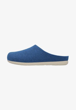 Blue felt slip-on clogs with a rounded toe and a textured upper. The sole is off-white and slightly cushioned for comfort.