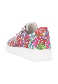Bunte Sneakers mit einem Blumenmuster in Rot, Grün, Blau und Lila, ausgestattet mit einer weißen Gummisohle und einem seitlichen Reißverschluss.