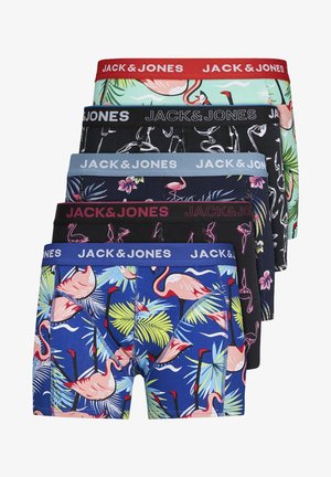 Six pairs of men's boxers from Jack & Jones featuring a variety of patterns: tropical motifs, flamingos, and solid colors. Elastic waistbands.