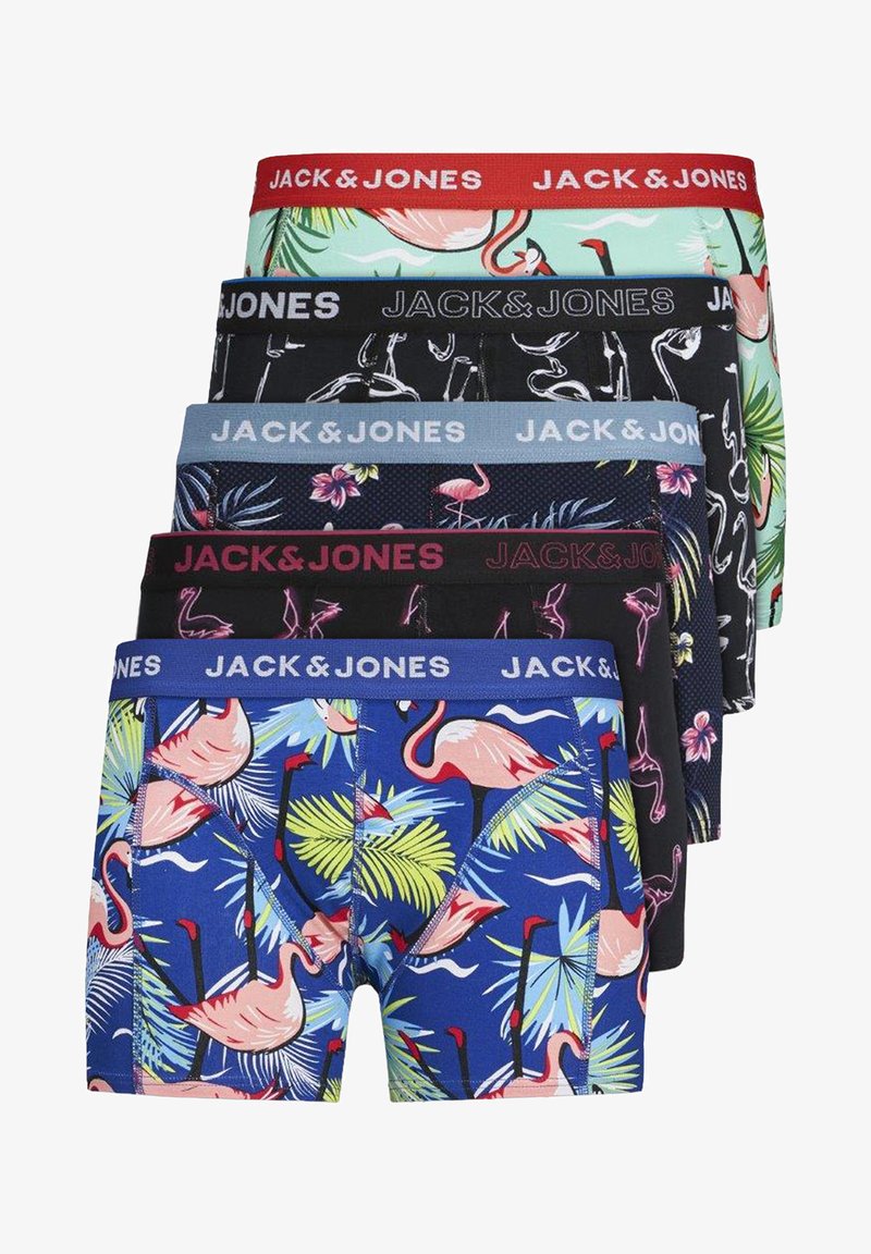 Six paires de boxers pour hommes de Jack & Jones avec une variété de motifs : motifs tropicaux, flamants roses, et couleurs unies. Ceintures élastiques.