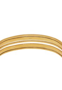 Gold-Fingerbangle mit drei parallelen Bändern, einer glatten Oberfläche und strukturierten Akzenten entlang der Ränder. Hat eine Breite von ca. 5 cm.