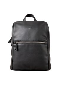 Black leather backpack with a smooth texture, square shape, top handle, and front zip pocket. Features minimalist design and subtle logo detail.