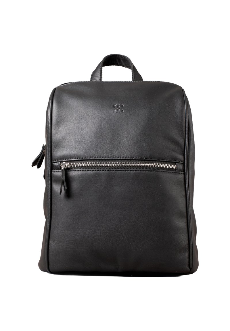 Black leather backpack with a smooth texture, square shape, top handle, and front zip pocket. Features minimalist design and subtle logo detail.